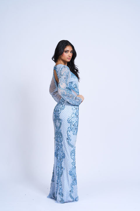 Sapphire Serenade Beaded Gown