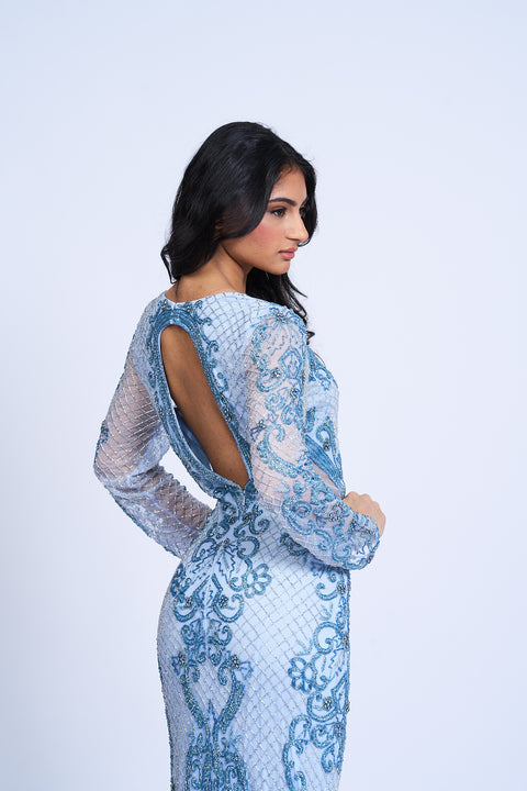 Sapphire Serenade Beaded Gown